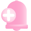 A dark pink bell has a pink circle at the 9 o'clock position with a bold white plus sign within.