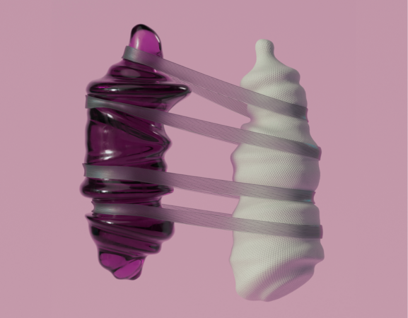 Stylized image of two long blobs, left is dark purple, right is white and they are held together by four plastic circular bands.