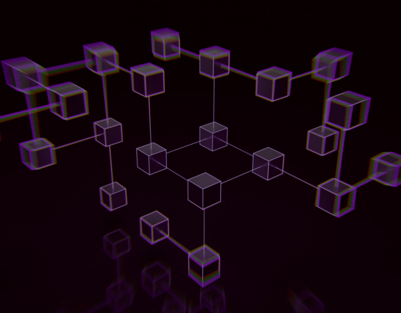 Interconnected transparent boxes floating in black space.