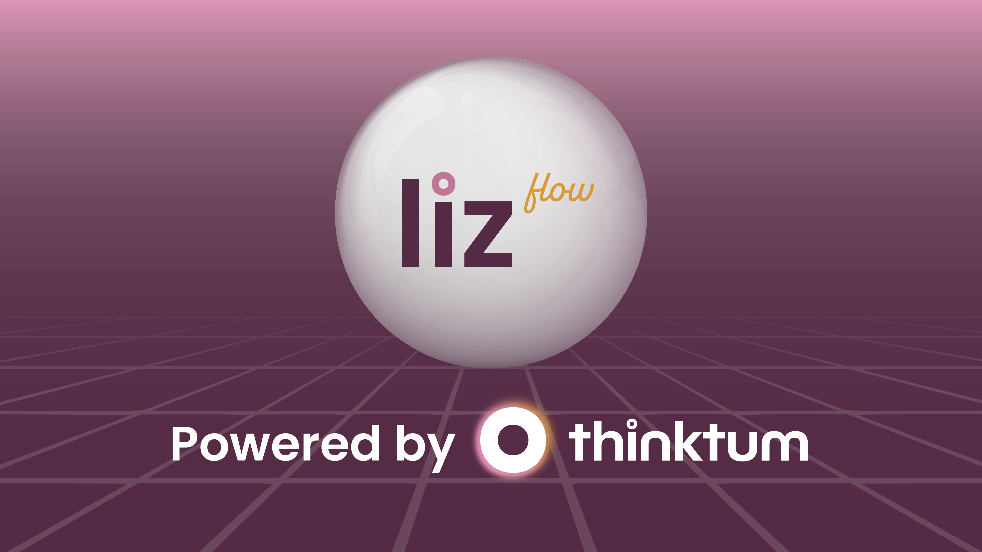 Purple background, white circle with liz flow on it. Powered by thinktum below.