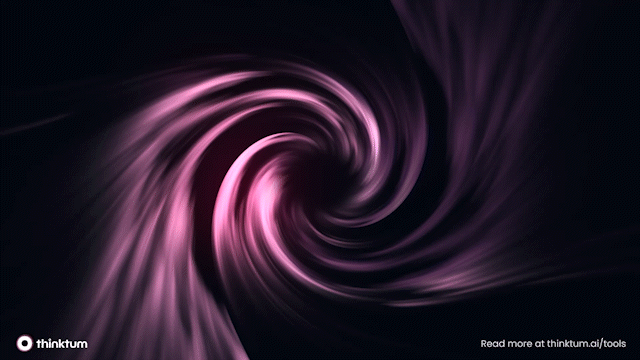 A moving pink swirl on a black background with 10x faster underwriting modeling and the thinktum logo as well as read more on www.thinktum.com/tools.