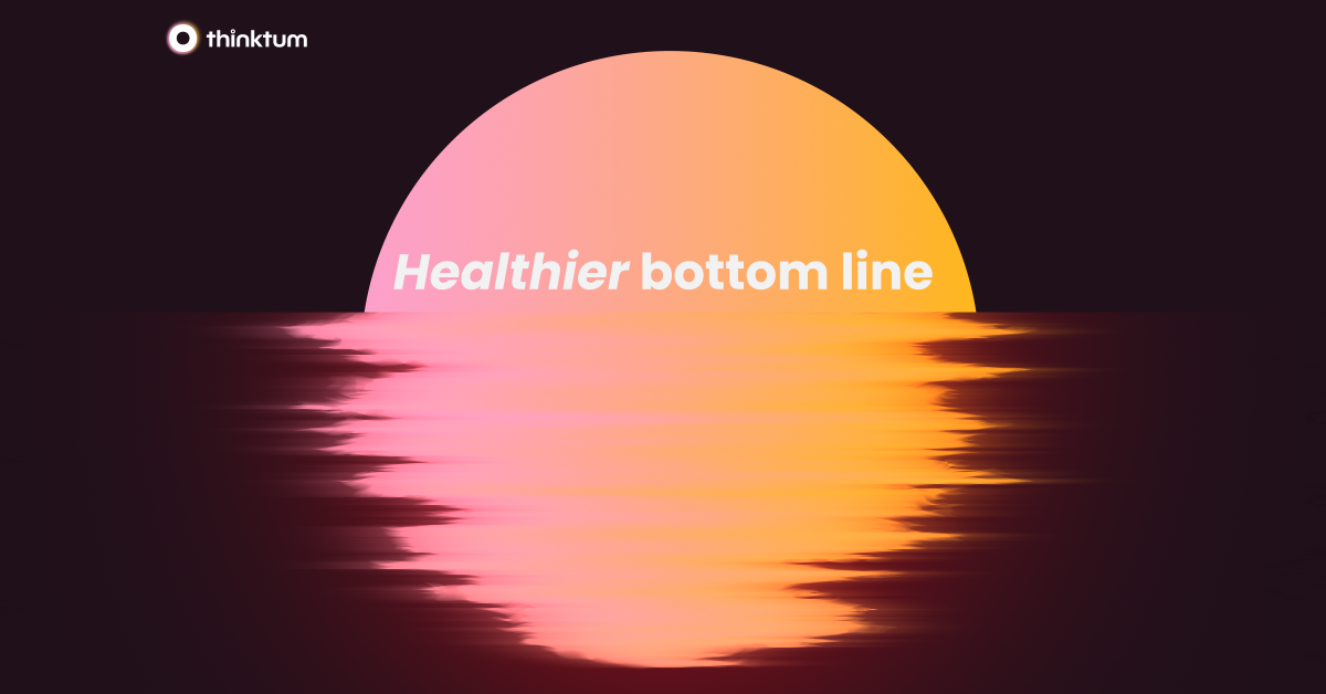 A black background boasts an image of what depicts a setting sun in water with ripples reflecting off the water. The words Healthier bottom line are shown.