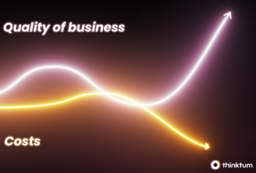 Two neon lines move from left to right. A pink line (Quality of business) has the line showing up while costs in yellow is trending down. With the thinktum logo.