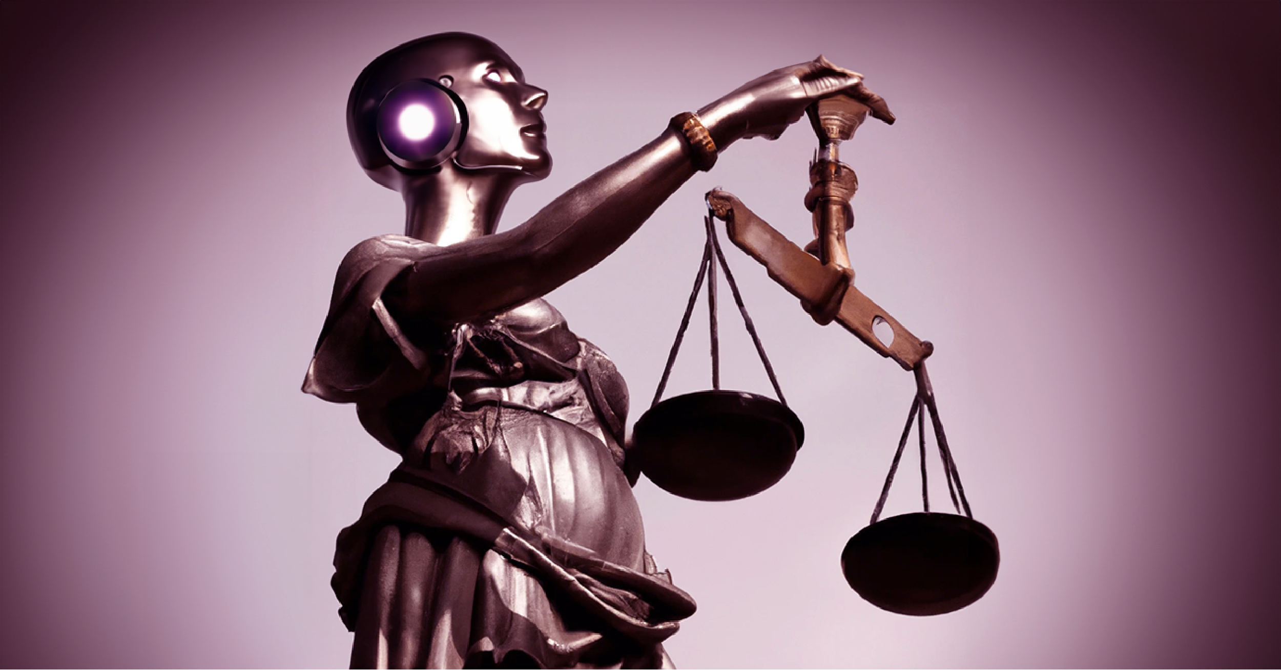 A statue of lady justice is transformed by a female android with the thinktum circle on her ear holds the scales of justice aloft.