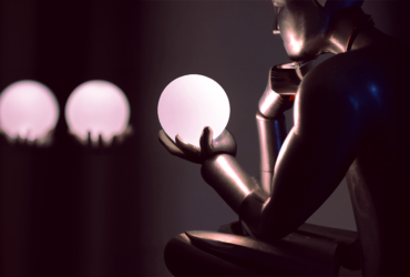 A darkened figure of a robot holds a glowing orb in its left hand with two other orbs shown in the background.