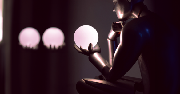 A darkened figure of a robot holds a glowing orb in its left hand with two other orbs shown in the background.