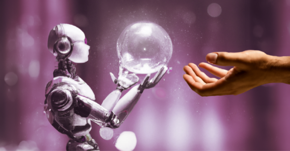 A robot is shown with a purple background holding a glass orb in two 